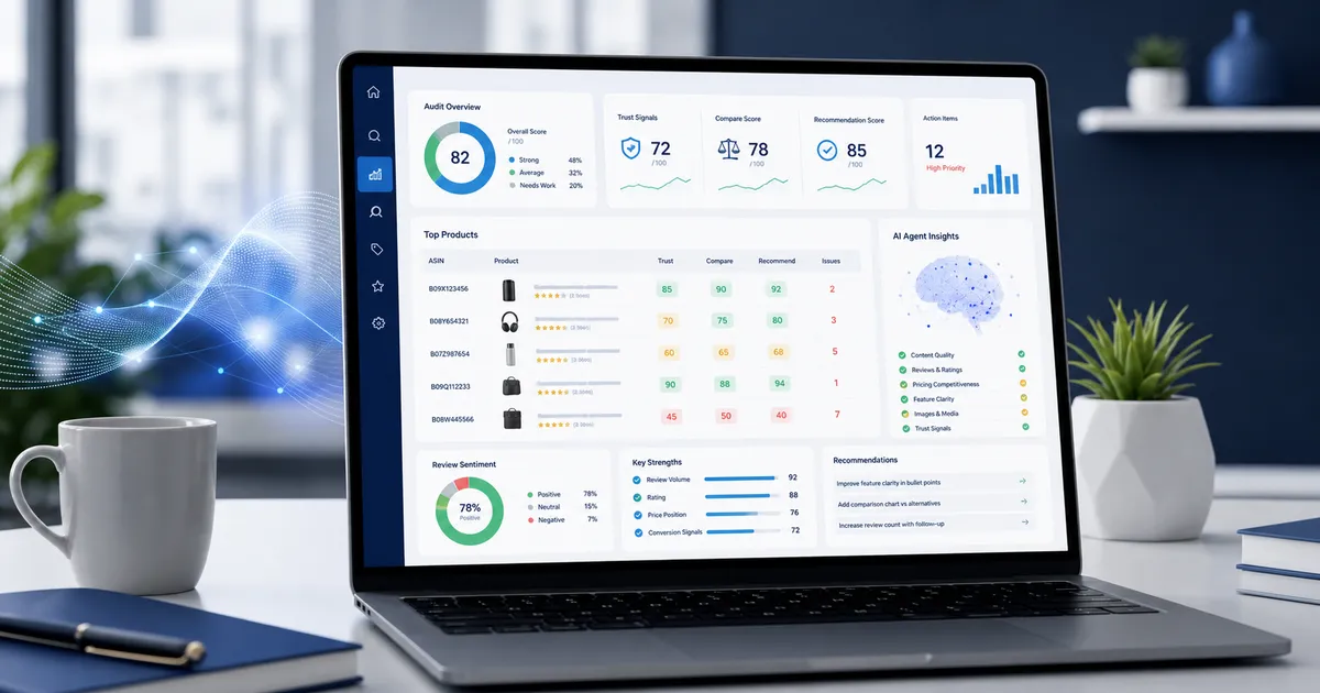 AI shopping agent dashboard auditing ASIN trust, comparison, and recommendation signals