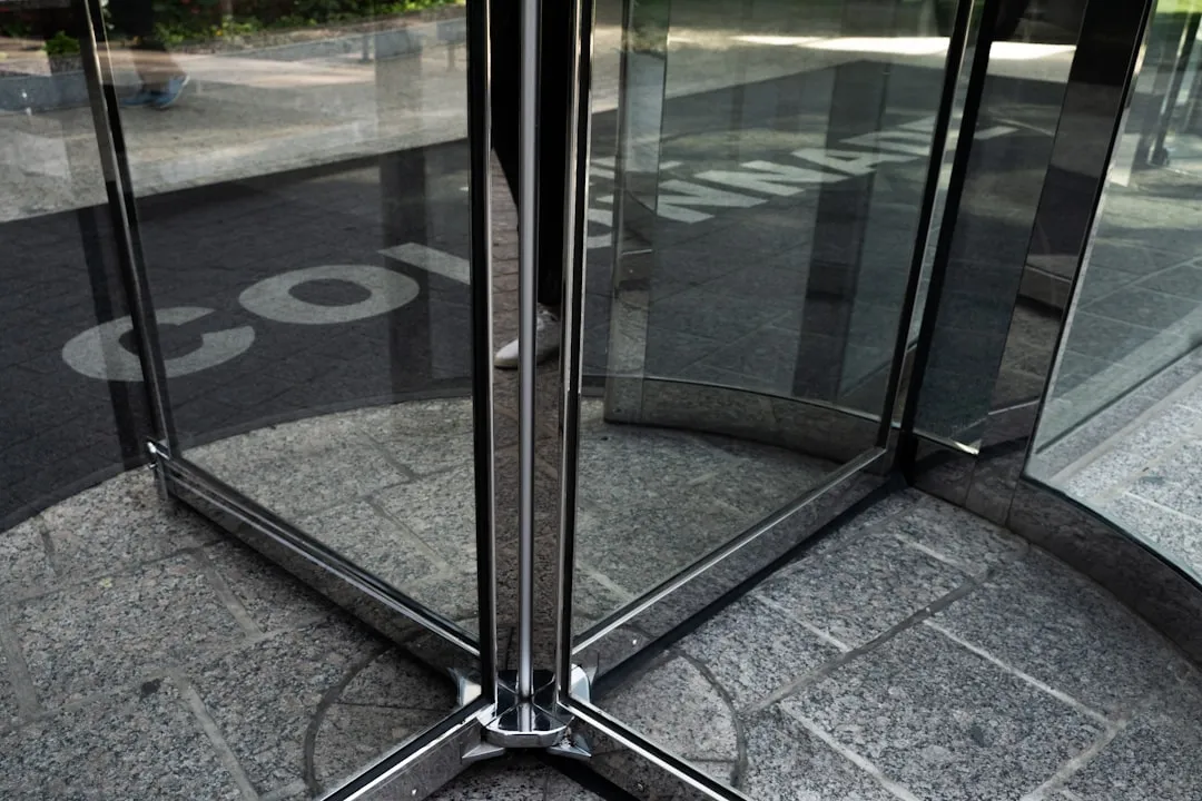 a glass door with a drawing on it