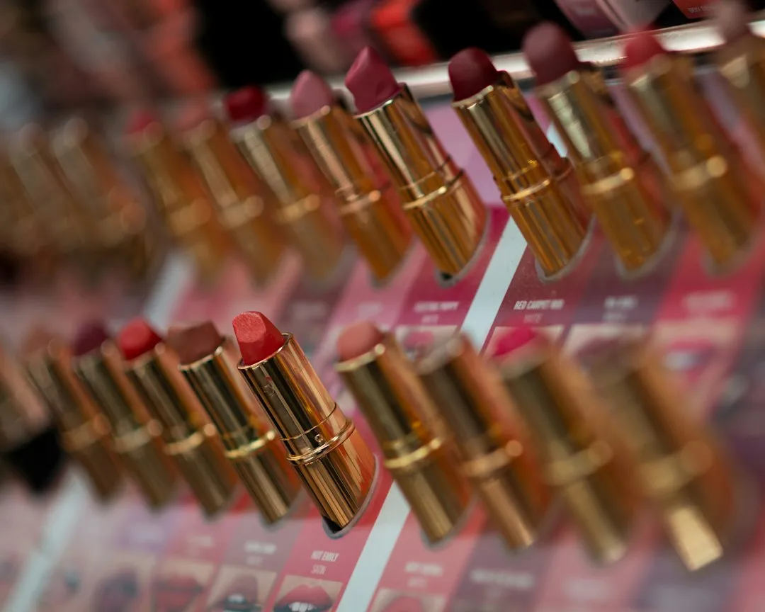 many lipsticks are lined up on a shelf